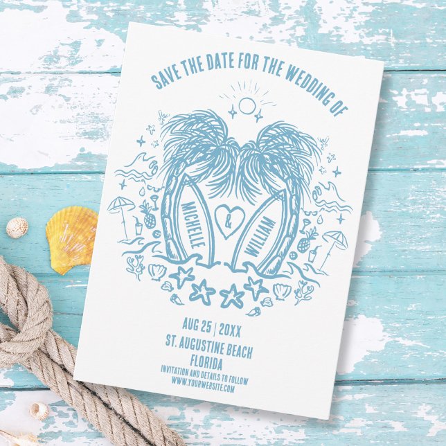 Vitmiskt Beach Doodle Bröllop vid Hand plockade vi Spara Datumet (whimsical blue doodle beach wedding save the date with palm trees forming a heart)