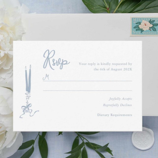 Vitmiskt blått Bröllop OSA (dusty blue hand drawn rsvp card, modern vintage inspired illustrated blue response card, )