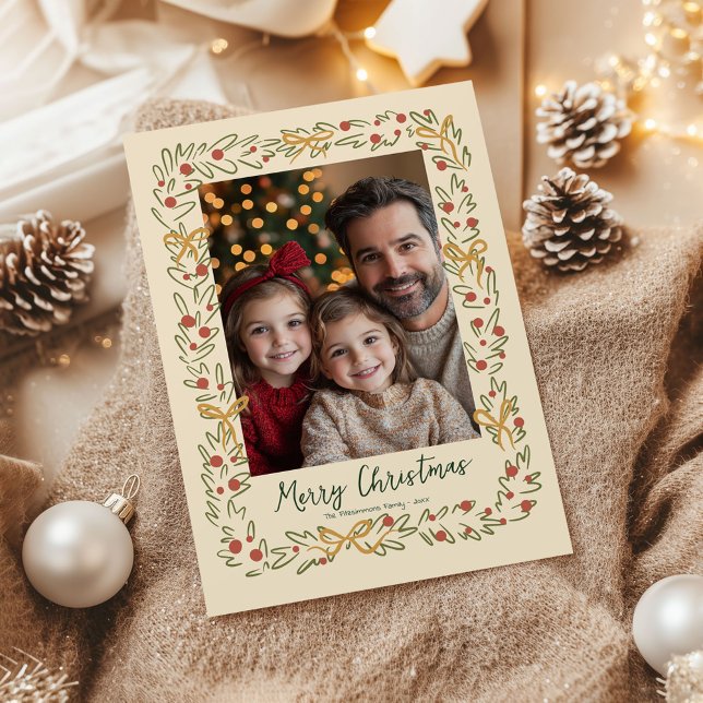 Vitmiskt julkort för krans och foto (Whimsical Christmas Wreath holiday family photo card)