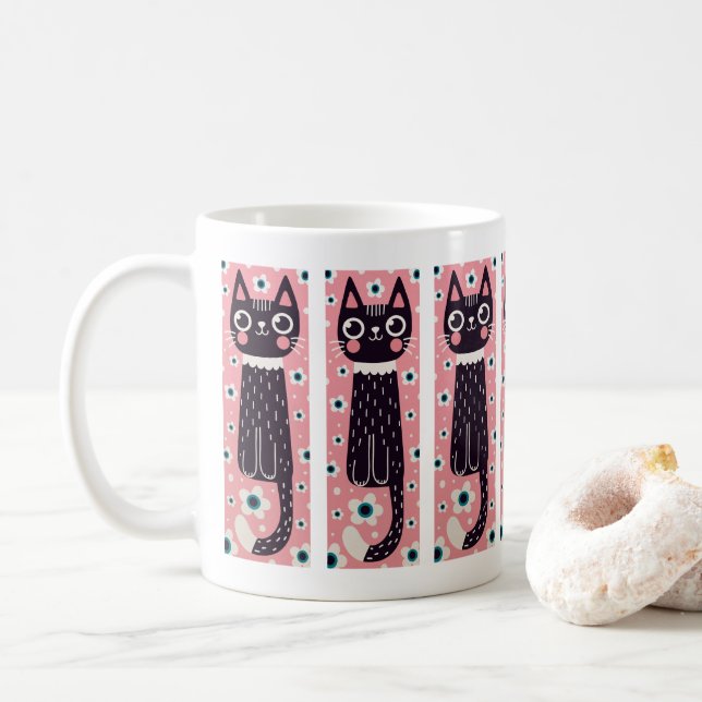Vitmiskt Quirky Doodle Black Cat Teckning Kaffemugg (Med munk)