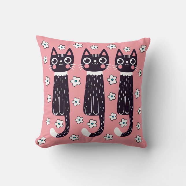 Vitmiskt Quirky Doodle Black Cat Teckning Kudde (Framsida)