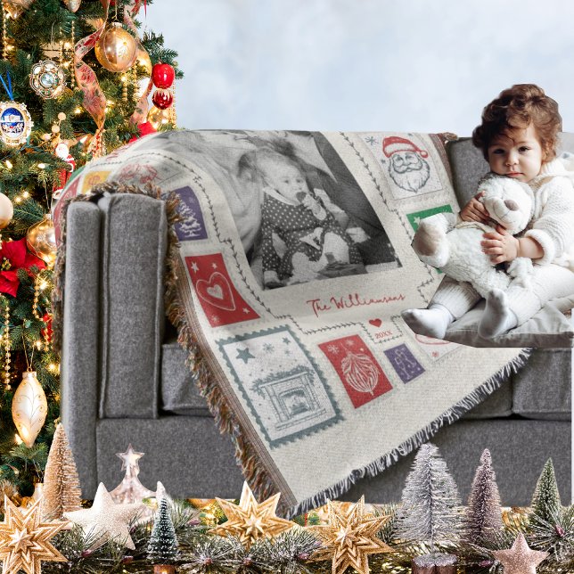 Vitmiskt Retro-julfoto i Frimärke Filt (Whimsical Retro Stamp Christmas Illustration Photo Throw Blanket Festive Personalized Holiday Decor)