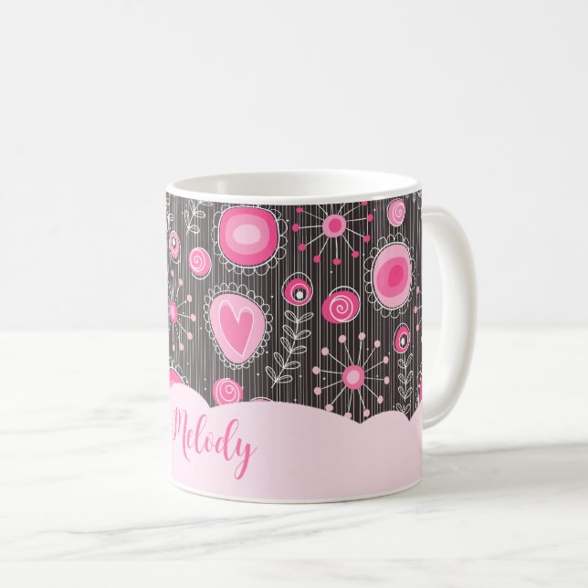 Vitmiskt rosa grått-hjärtan och blommor blommigt n kaffemugg (Framsida höger)
