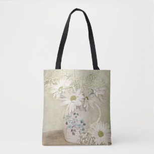 Vitnage daisy bouquet i gammal pitcher tygkasse