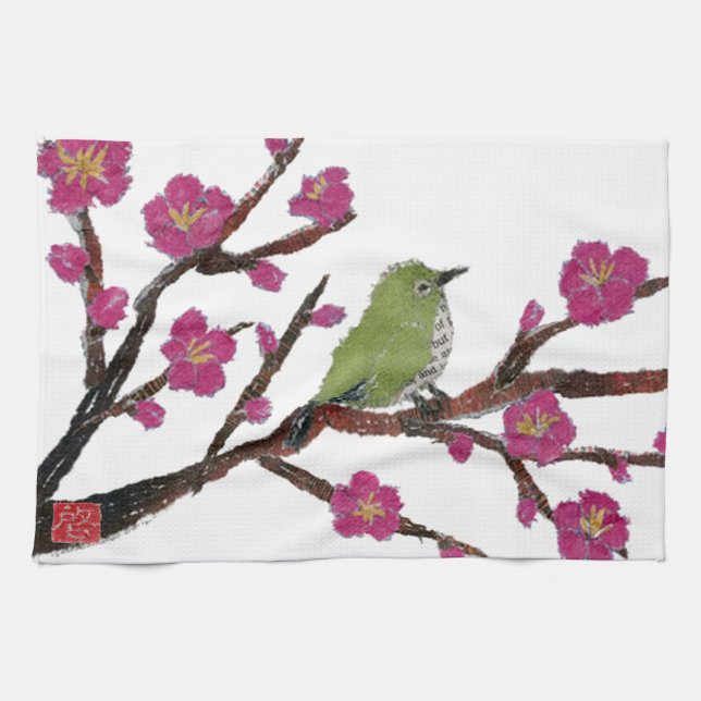 Vitöga, plommonträd, fågel kökshandduk (Horisontell)