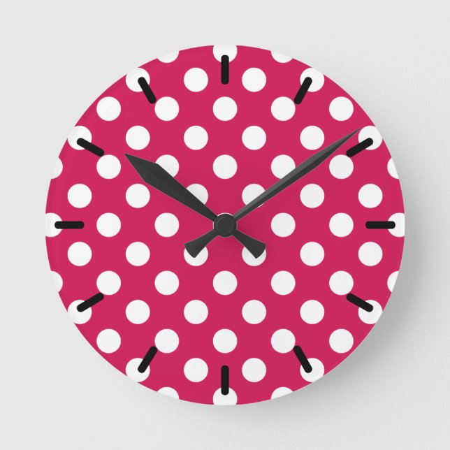 Vitpolka dots på cerise rund klocka (Framsida)