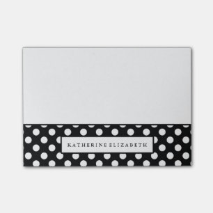 Vitpolka dots på svart med namn post-it block