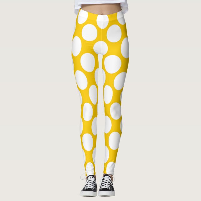 Vitpolka dots som är stor på Tangerinegultorangen Leggings (Framsida)