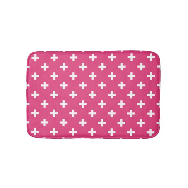 Vitpolka kor på fuchsia badrumsmatta (Framsidan)