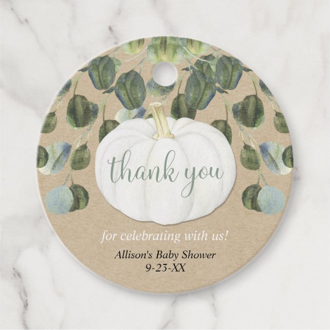 Vitpumpad grå eucalyptus rustit fall gåvor etiketter (Framsida)