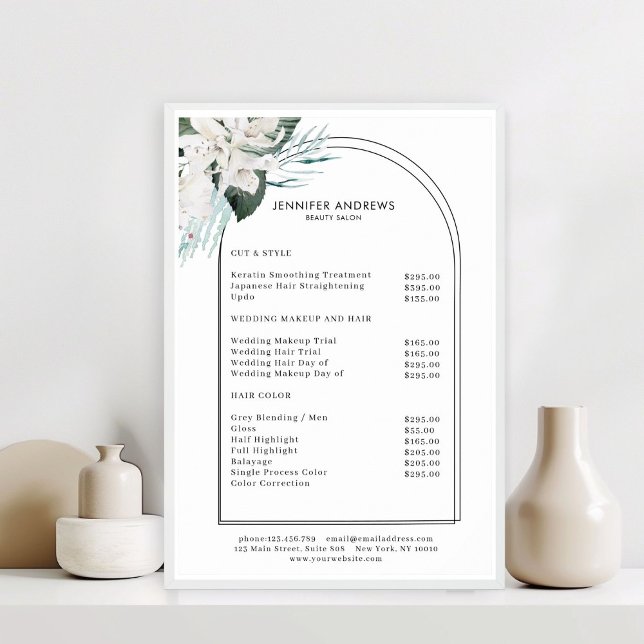 Vitrådighet Salong Prislista Affisch (White Flowers Salon Price List Poster)