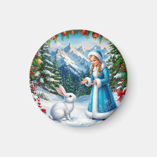 Vitrkanin och Snöjungfrun i vinterskog Magnet