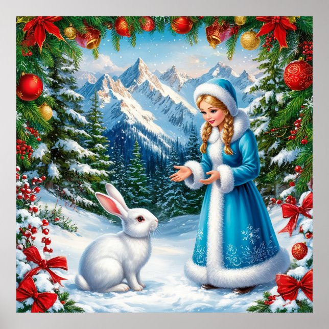 Vitrkanin och Snöjungfrun i vinterskog Poster (Framsidan)