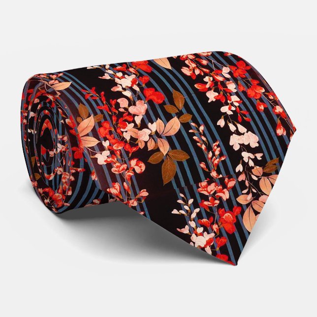 VITRÖDA BLOMMOR, BLÅ BLACK RAND Blommigt Slips (Rullad)