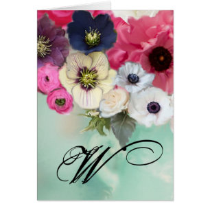 VITROSA ROS- OCH ANEMONBLOMMAMONOGRAM HÄLSNINGSKORT
