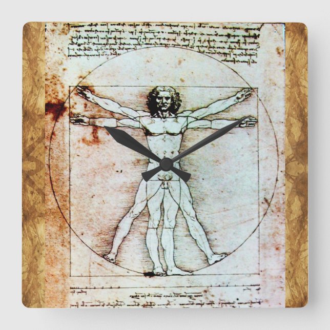 VITRUVIAN MAN Antique Parchment Fyrkantig Klocka (Framsida)