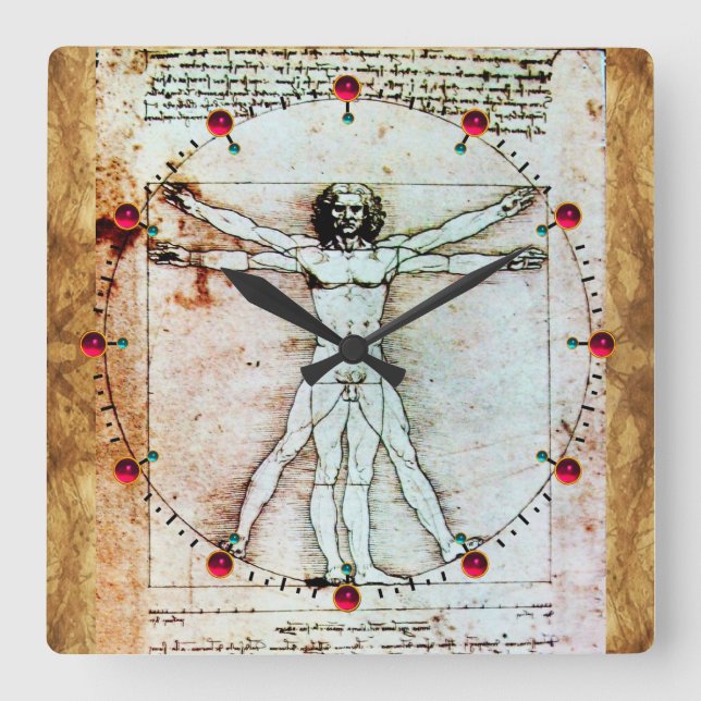 VITRUVIAN MAN Antique Parchment Red Ruby Gemstones Fyrkantig Klocka (Framsida)