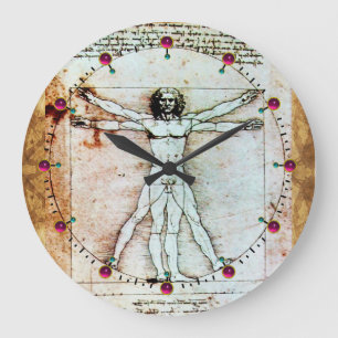 VITRUVIAN MAN Antique Parchment Red Ruby Gemstones Stor Klocka