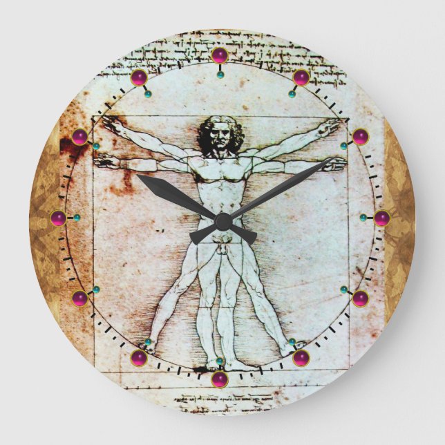 VITRUVIAN MAN Antique Parchment Red Ruby Gemstones Stor Klocka (Framsida)