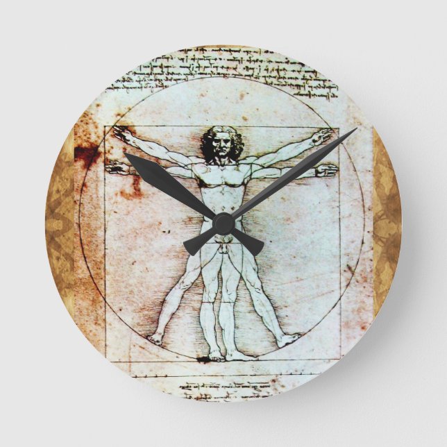 VITRUVIAN MAN Antique Parchment Rund Klocka (Framsida)