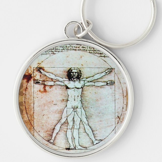 VITRUVIAN MAN Antique Parchment Rund Silverfärgad Nyckelring (Framsidan)