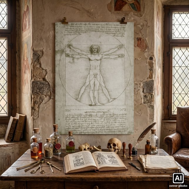 Vitruvian Man av Leonardo da Vinci Poster (Vitruvian Man by Leonardo da Vinci is a vintage Renaissance sketch with 2 superimposed male figures.)