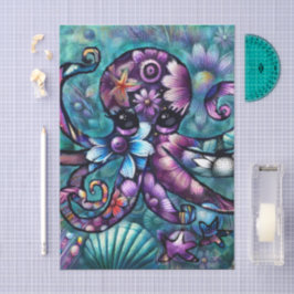 Vitsidig Octopus Blommigt Teal Coastal Decoupage