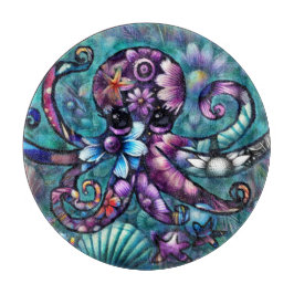 Vitsidig Octopus Blommigt Teal Lila Blue Coastal