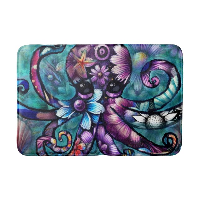 Vitsidig Octopus Blommigt Teal Lila Blue Coastal Badrumsmatta (Framsidan)