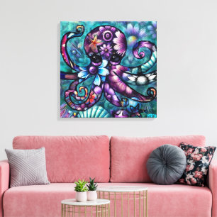 Vitsidig Octopus Blommigt Teal Lila Blue Coastal Canvastryck