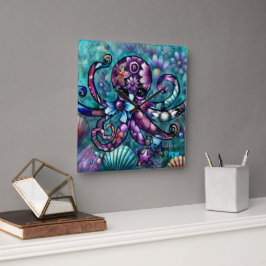 Vitsidig Octopus Blommigt Teal Lila Blue Coastal Fyrkantig Klocka