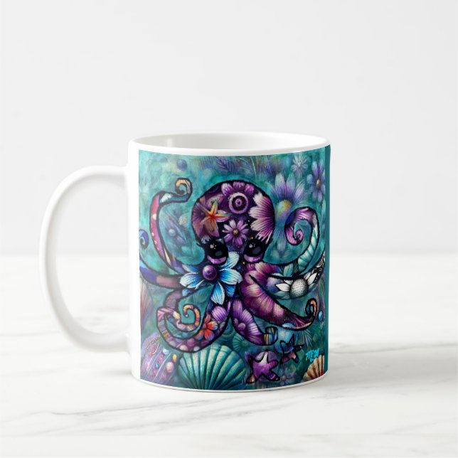 Vitsidig Octopus Blommigt Teal Lila Blue Coastal Kaffemugg (Vänster)