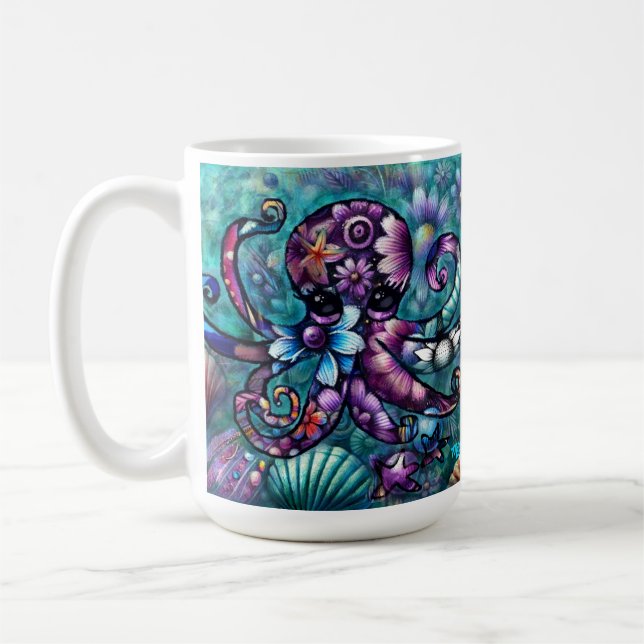 Vitsidig Octopus Blommigt Teal Lila Blue Coastal Kaffemugg (Vänster)
