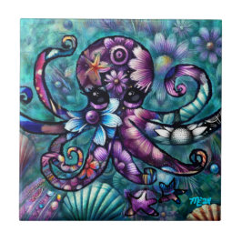 Vitsidig Octopus Blommigt Teal Lila Blue Coastal Kakelplatta