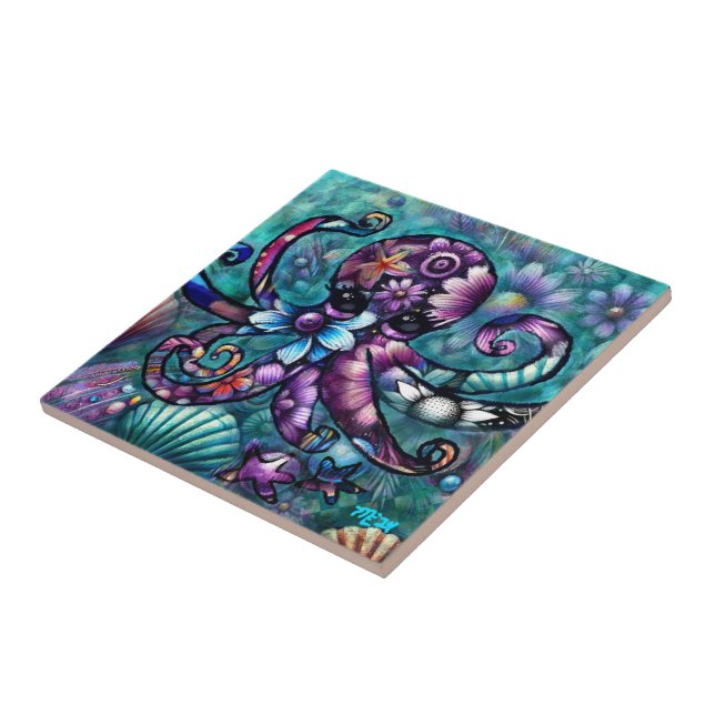 Vitsidig Octopus Blommigt Teal Lila Blue Coastal Kakelplatta (Sidan)