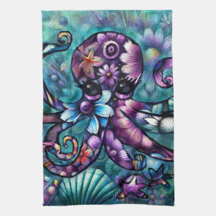 Vitsidig Octopus Blommigt Teal Lila Blue Coastal Kökshandduk