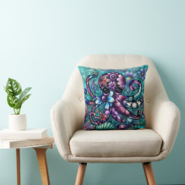 Vitsidig Octopus Blommigt Teal Lila Blue Coastal Kudde