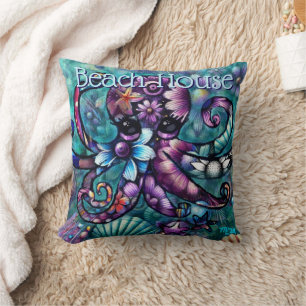 Vitsidig Octopus Blommigt Teal Lila Blue Coastal Kudde