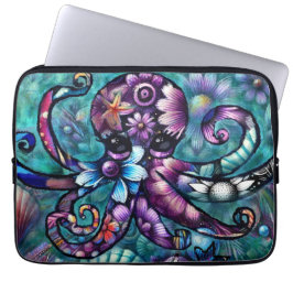 Vitsidig Octopus Blommigt Teal Lila Blue Coastal Laptop Fodral