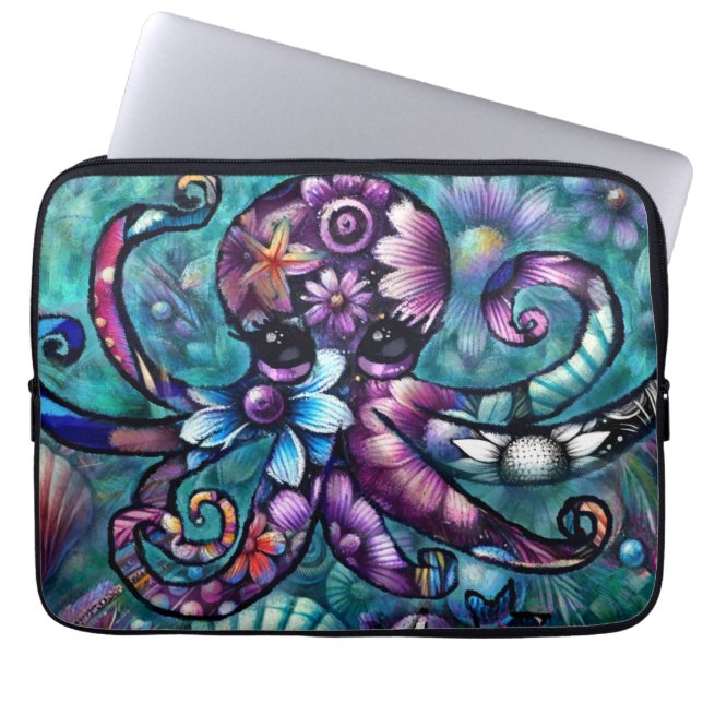 Vitsidig Octopus Blommigt Teal Lila Blue Coastal Laptop Fodral (Framsidan)