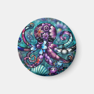 Vitsidig Octopus Blommigt Teal Lila Blue Coastal Magnet