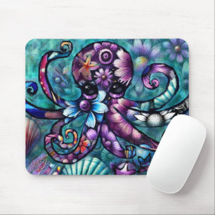 Vitsidig Octopus Blommigt Teal Lila Blue Coastal Musmatta