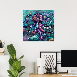 Vitsidig Octopus Blommigt Teal Lila Blue Coastal Poster