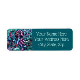 Vitsidig Octopus Blommigt Teal Lila Blue Coastal Returadress Etikett