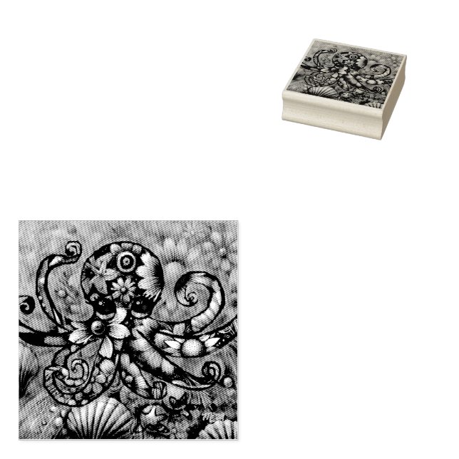 Vitsidig Octopus Blommigt Teal Lila Blue Coastal Stämpel (Stämplad)