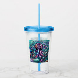 Vitsidig Octopus Blommigt Teal Lila Blue Coastal Take Away Mugg