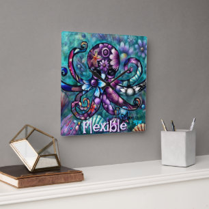 Vitsidig oktopus Blommigt Teal Coastal Personlig Fyrkantig Klocka