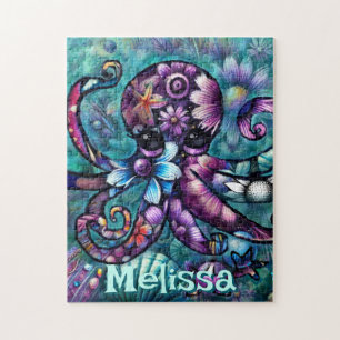 Vitsidig oktopus Blommigt Teal Coastal Personlig Pussel