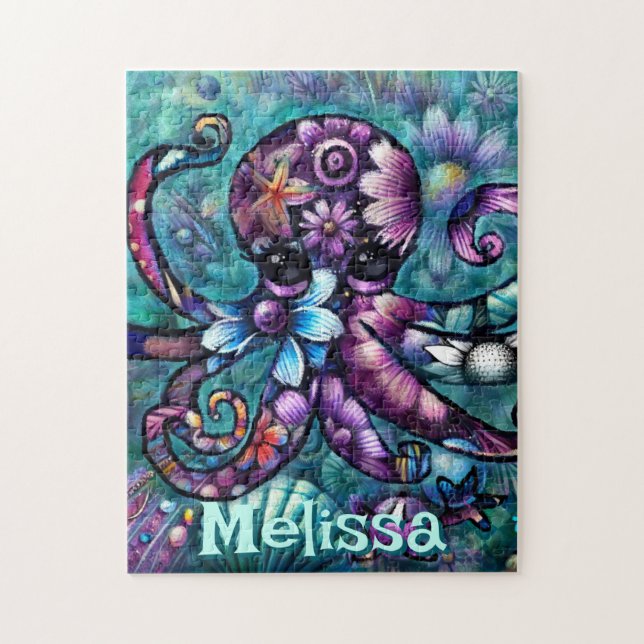 Vitsidig oktopus Blommigt Teal Coastal Personlig Pussel (Vertikal)