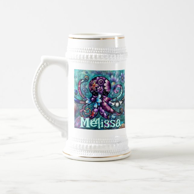 Vitsidig oktopus Blommigt Teal Coastal Personlig Sejdel (Vänster)